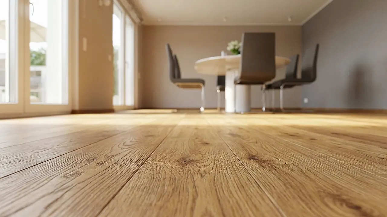 Blick über den Eichenparkett durch die Glasfront bis zum Starnberger See
